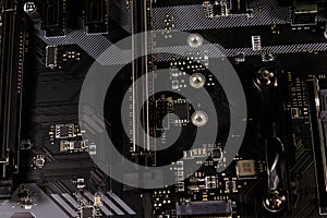 Close-up of modern computer motherboard. Electronic computer hardware technology