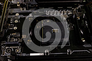 Close-up of modern computer motherboard. Electronic computer hardware technology