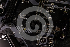 Close-up of modern computer motherboard. Electronic computer hardware technology