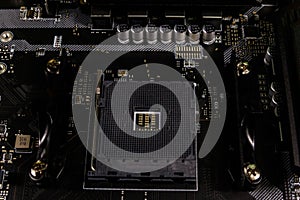 Close-up of modern computer motherboard. Electronic computer hardware technology