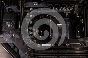 Close-up of modern computer motherboard. Electronic computer hardware technology