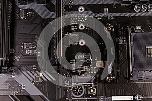 Close-up of modern computer motherboard. Electronic computer hardware technology