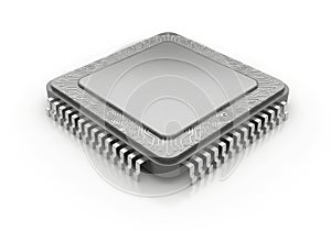 Close up of a modern computer processor chip on a white background