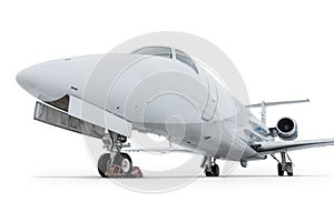 Close-up of a modern corporate airplane isolated on white background