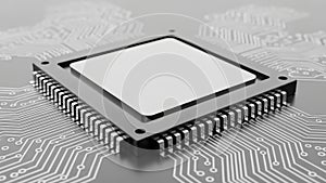 Close-up of a modern CPU chip on a computer circuit board background