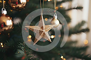 Close-Up of Modern Decorated Christmas Tree with Vintage Star, Baubles, and Golden Lights - Stylish Ornaments in Festive Room..