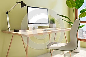Close up of modern designer desktop with empty white mock up computer screen, in interior with panoramic city view, daylight,