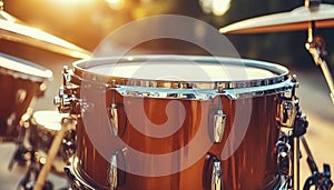 Close-up of a Modern Drum Set on Stage Ready for a Concert Performance, Music Background