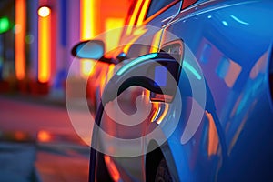 Close-up of a modern electric car plugged in for charging in a neon-lit parking. AI Generative