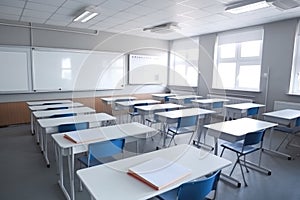 close-up of modern empty classroom with interactive whiteboard and tablets