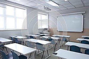close-up of modern empty classroom with interactive whiteboard and tablets