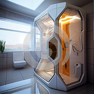 Close up modern grid shower in the white ceramic bath room.