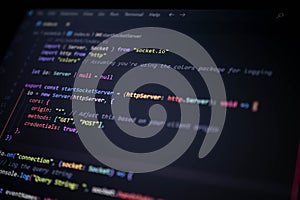 Close-up of a modern JavaScript code editor screen showing real-time server setup using Socket.IO and HTTP server integration for