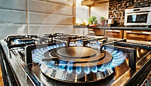 Close-up of a Modern Kitchen Stove with Blue Flames Burning - Generative Ai