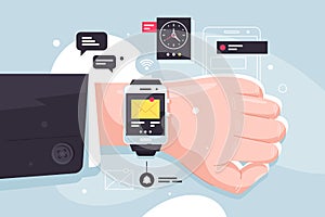 Close up modern mobile smart watch on businessman hand.