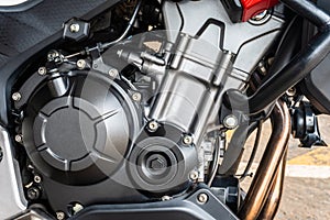 Close up of modern motorcycle engine detail and structure.