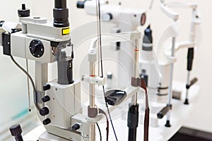 Close up modern ophthalmological laser used for eye surgery on table