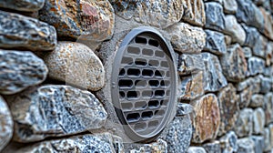 Close up of modern pebble dashed wall with circular vent