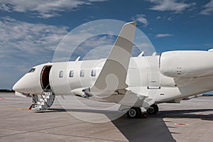 Close-up modern private jet with an opened gangway door at the airport apron