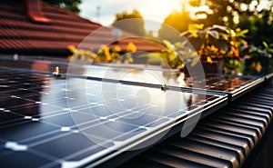 Close-up of modern solar panels on a house roof reflecting the sky, showcasing renewable energy sources in residential areas for