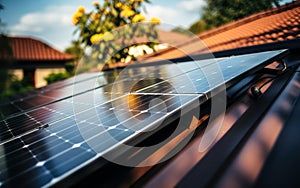 Close-up of modern solar panels on a house roof reflecting the sky showcasing renewable energy sources in residential areas for