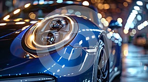 Close-up of of a modern sports car headlight. Front view of a supercar in a night city street. Shiny blue car body with