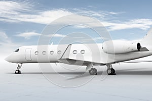 Close-up of the modern white business jet  on bright background with sky