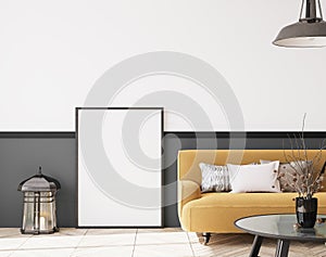 Close up of modern yellow sofa in industrial design style. Empty frame mock up photo