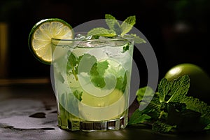 close-up of mojito cocktail with mint leaves and lime wedge visible