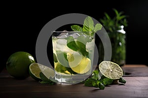 close-up of mojito cocktail with mint leaves and lime wedge visible