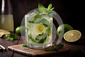 close-up of mojito cocktail with mint leaves and lime wedge visible