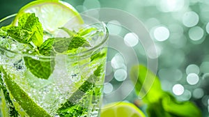 A close-up of a mojito glass, highlighting its mint leaves, lime wedges, and sparkling soda