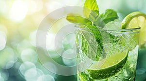 A close-up of a mojito glass, highlighting its mint leaves, lime wedges, and sparkling soda
