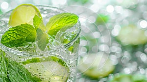 A close-up of a mojito glass, highlighting its mint leaves, lime wedges, and sparkling soda