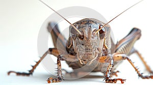 Close up of Mole cricket on a white backdrop. Detailed European Gryllotalpa. Concept of entomology, soil ecosystem, and