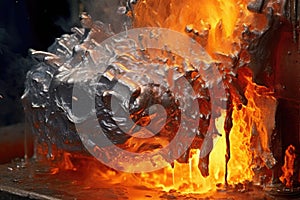 close-up of molten aluminum pouring in a foundry