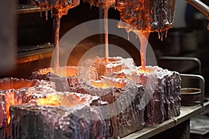 close-up of molten aluminum pouring into molds