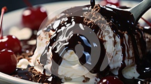 A close-up of molten hot fudge being drizzled over a scoop of vanilla ice cream in