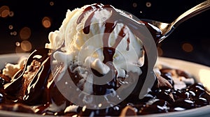 A close-up of molten hot fudge being drizzled over a scoop of vanilla ice cream in
