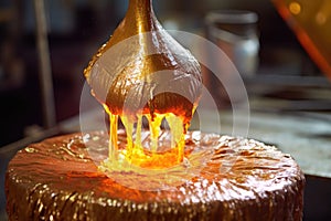 close-up of molten metal being poured into bell mold