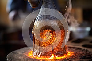 close-up of molten metal being poured into bell mold