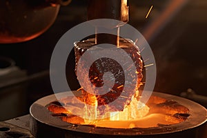 close-up of molten metal being poured into bell mold