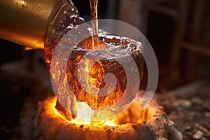 close-up of molten metal being poured into bell mold