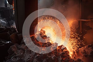 close-up of molten metal, with smoke and sparks emanating from the furnace