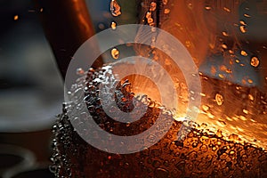 close-up of molten metal, with sparks flying