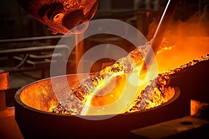 Close-up of molten steel being poured from a ladle, capturing the intense heat and fluidity of the metal. Generative AI