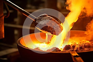 Close-up of molten steel being poured from a ladle, capturing the intense heat and fluidity of the metal. Generative AI