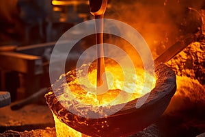 Close-up of molten steel being poured from a ladle, capturing the intense heat and fluidity of the metal. Generative AI