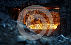 A close-up of molten steel with vibrant orange and yellow patterns, glowing intensely inside a dark industrial foundry.