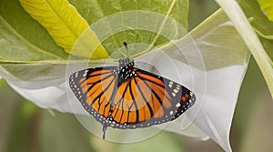 Close-up of a monarch butterfly emerging from its chrysalis.